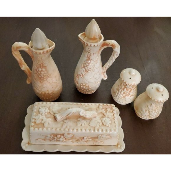 Vintage Lefton Oil and Vinagar with Butter Dish, and Salt and Pepper Set